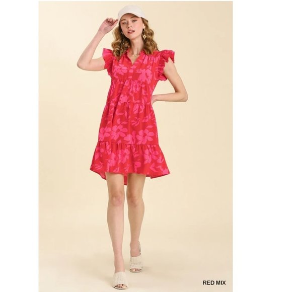 Floral Red Dress - Collar - Short Ruffled Sleeves - Tiered - Plus Size Dresses - Picture 3 of 7